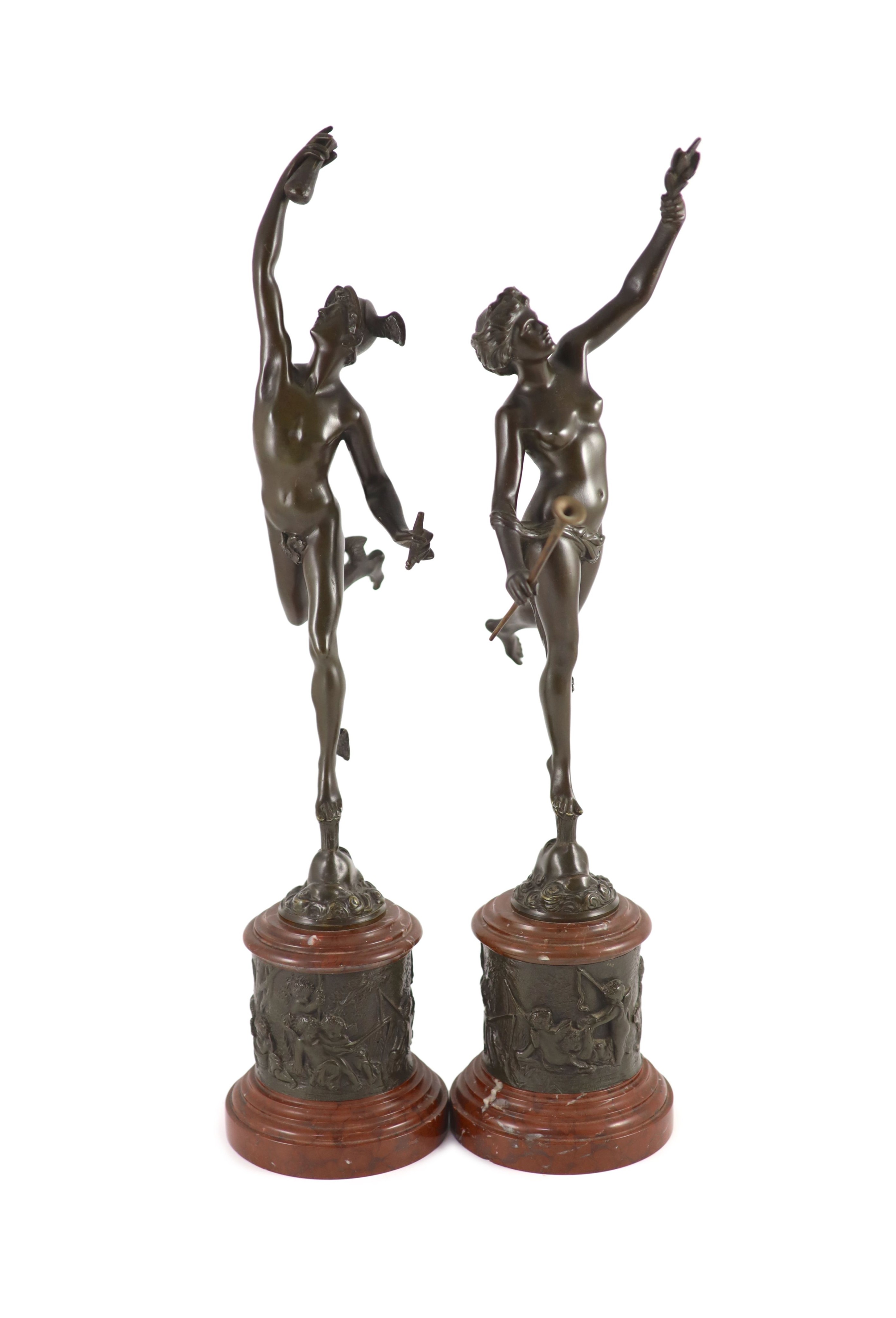After Giambologna. A pair of 19th century Grand Tour bronzes depicting Mercury and Fortuna height 56cm